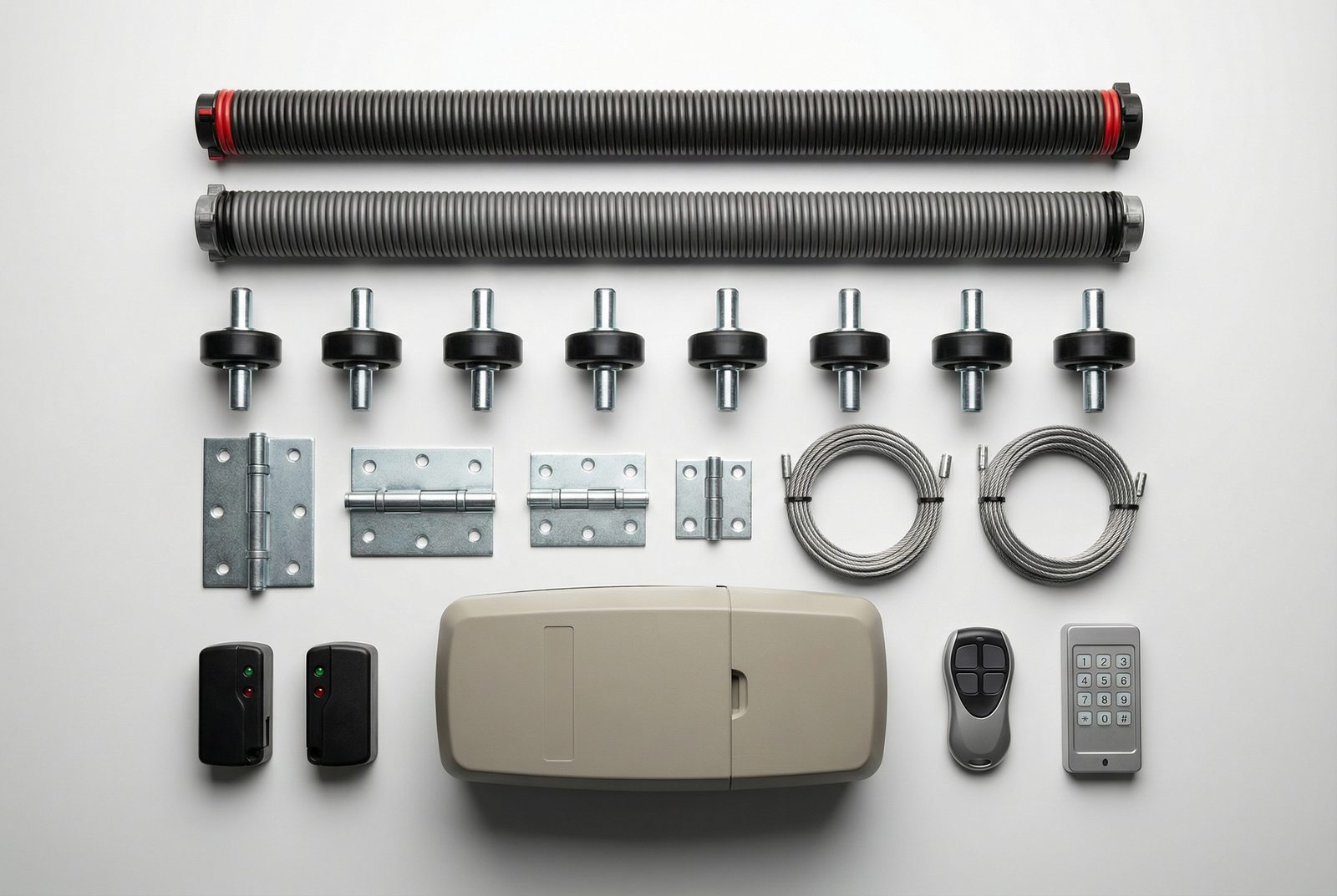 Common garage door parts including springs, cables, and rollers with repair cost breakdown
