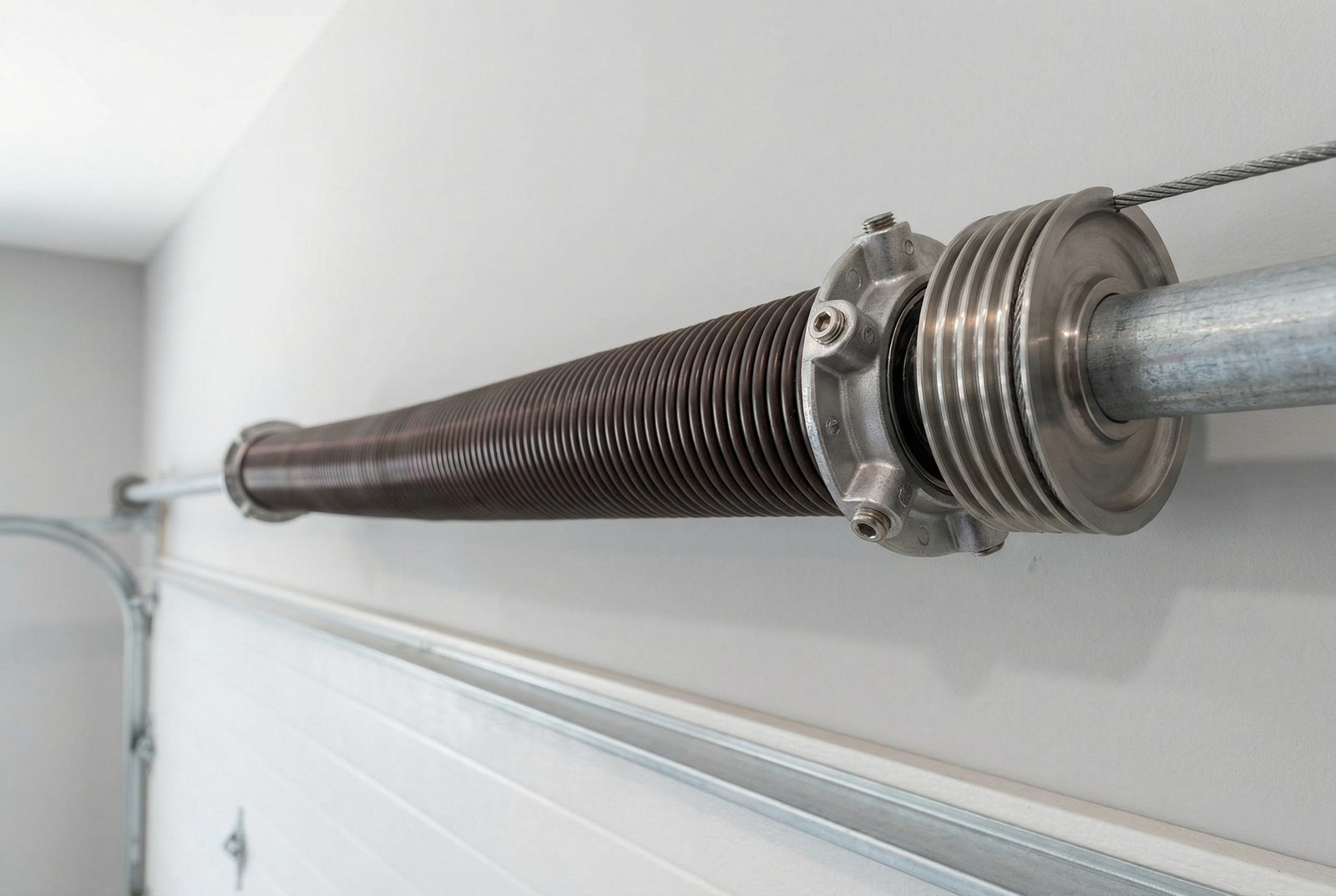 Garage door torsion spring mechanism close-up