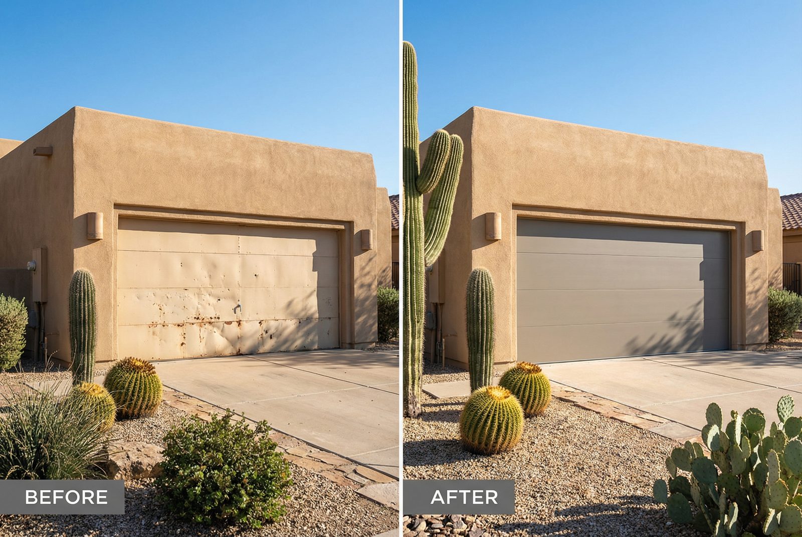 Before and after comparison of garage door installation on a Gilbert home