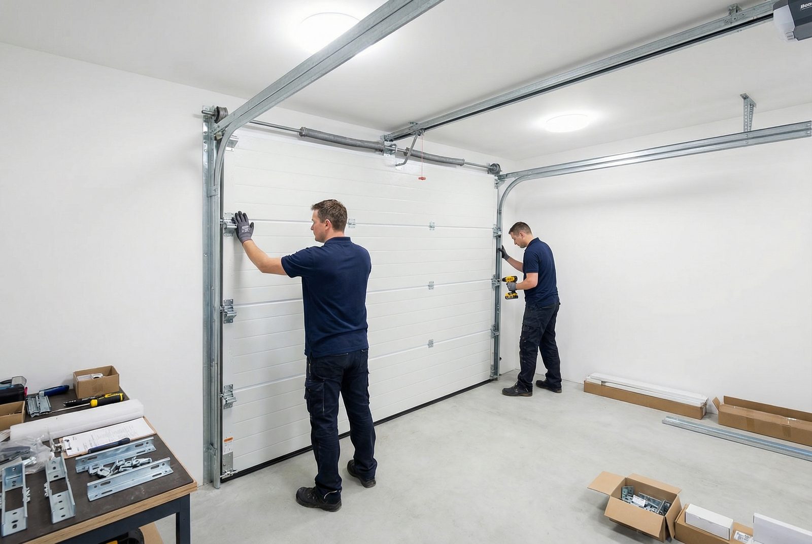 Garage door installation in progress at a Gilbert, AZ home showing insulated panel construction