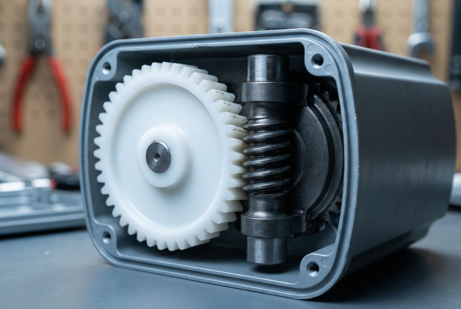 Worn garage door opener drive gears showing heat damage and wear common in Arizona climates