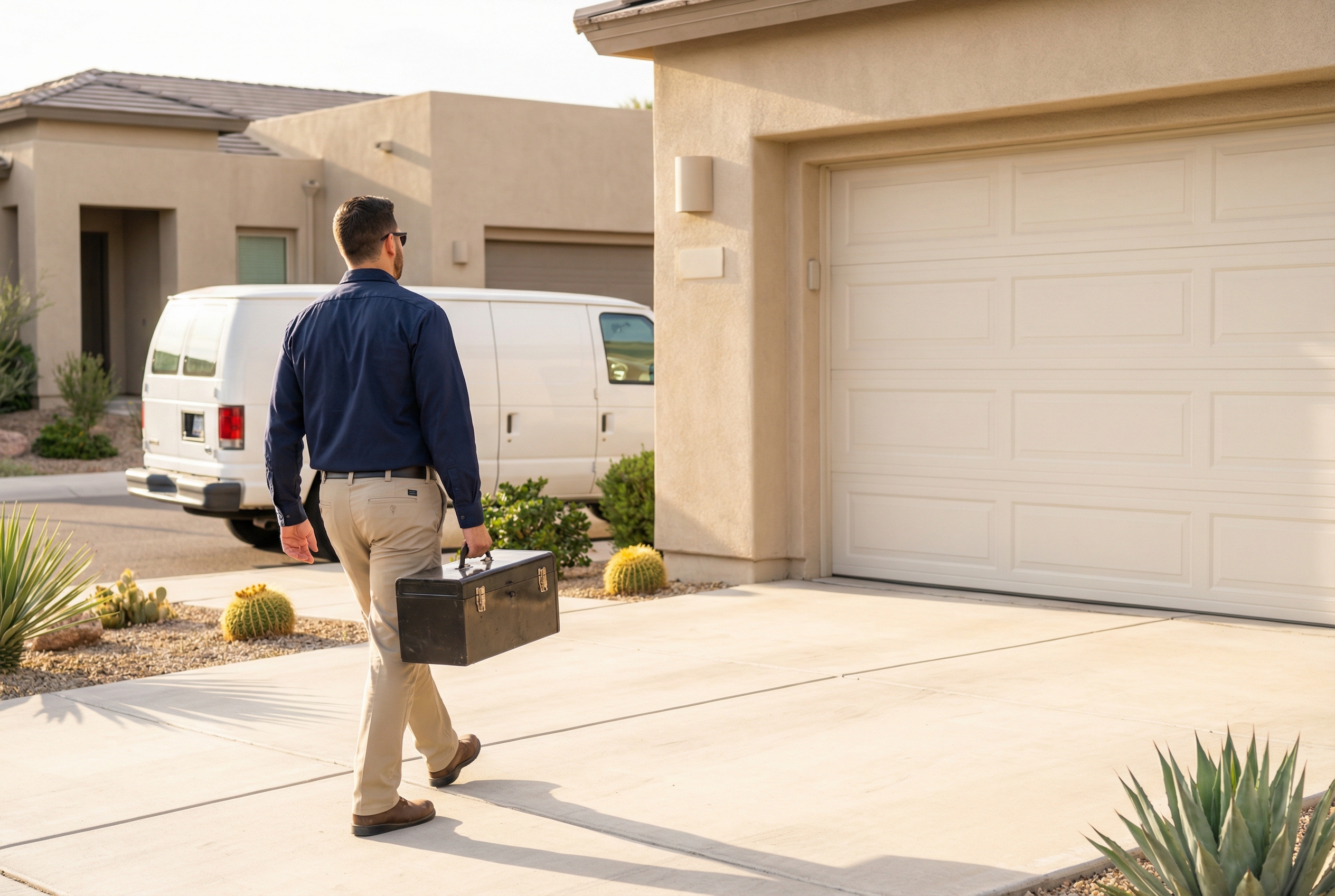 Garage door repair technician arriving at a Gilbert, AZ home with toolbox