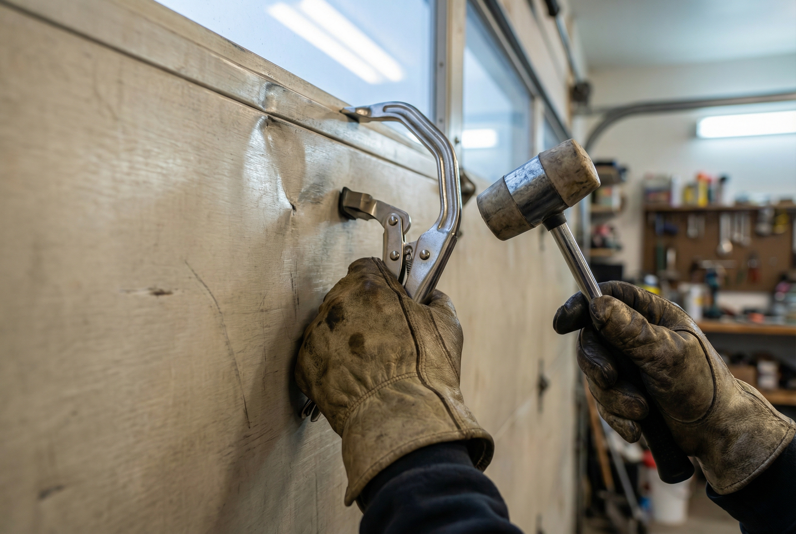 Close-up of garage door panel repair work with professional tools