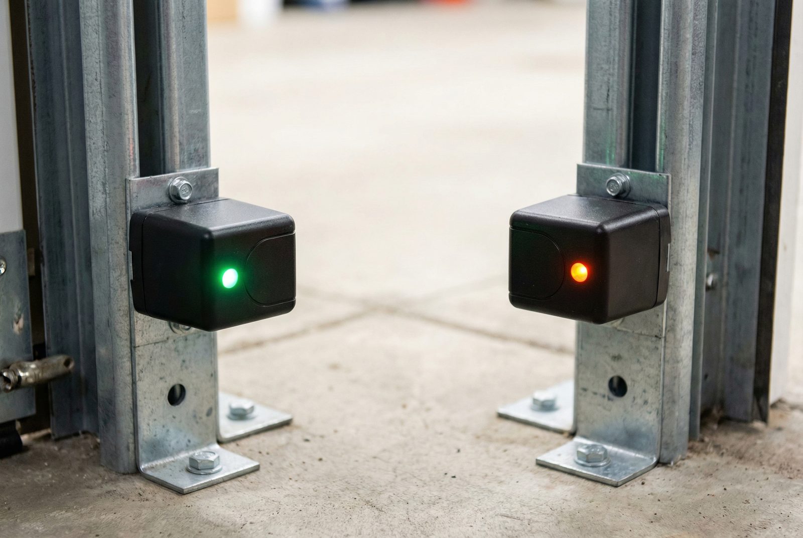 Garage door safety sensor LED indicators — amber sending eye and green receiving eye — mounted near the floor in a Gilbert, AZ garage