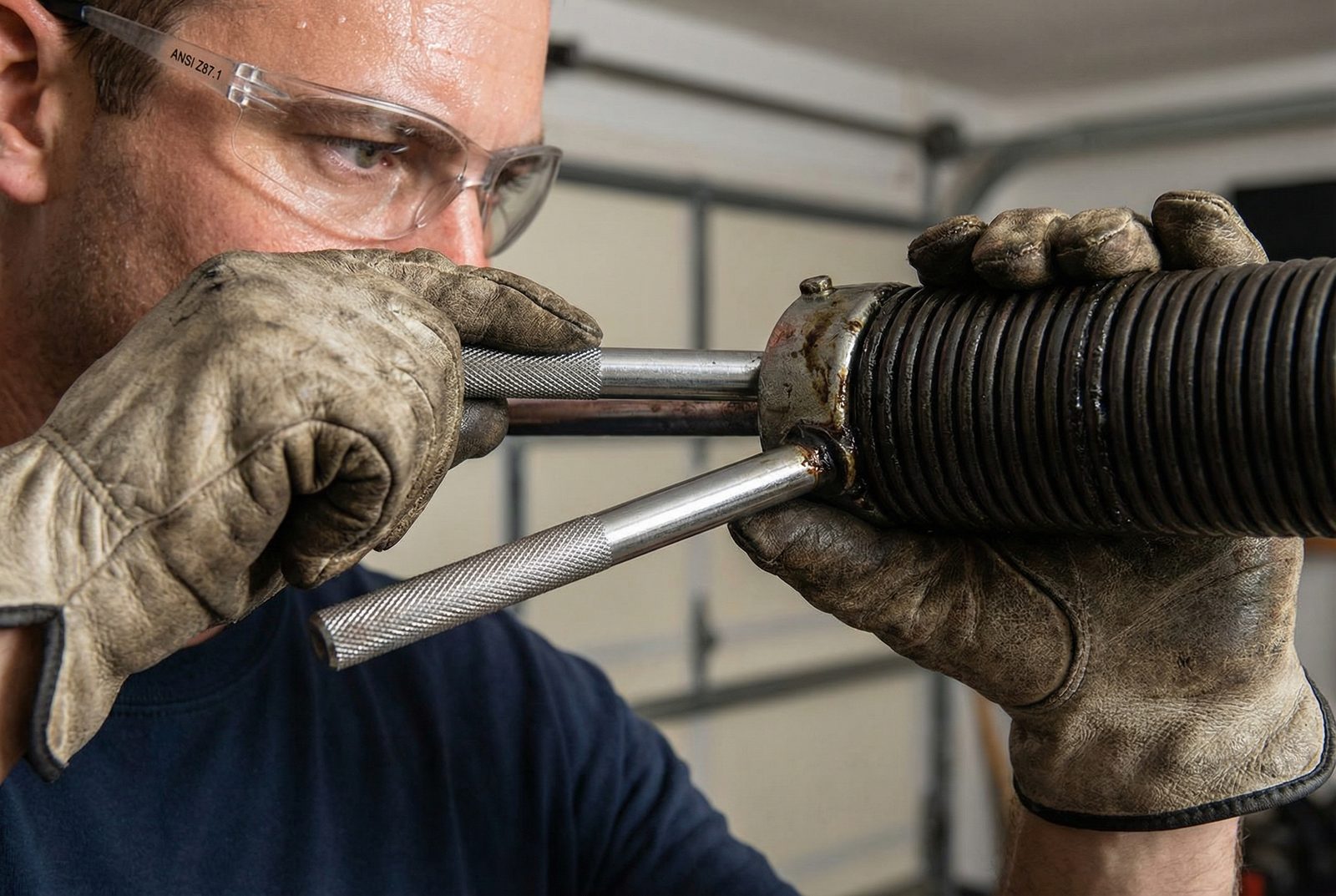 Garage door technician safely replacing a torsion spring in a Gilbert, AZ garage